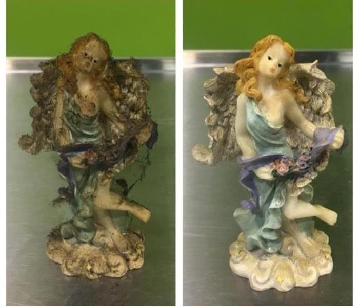 image of porcelain figurine before and after ultrasonic cleaning of soot residue